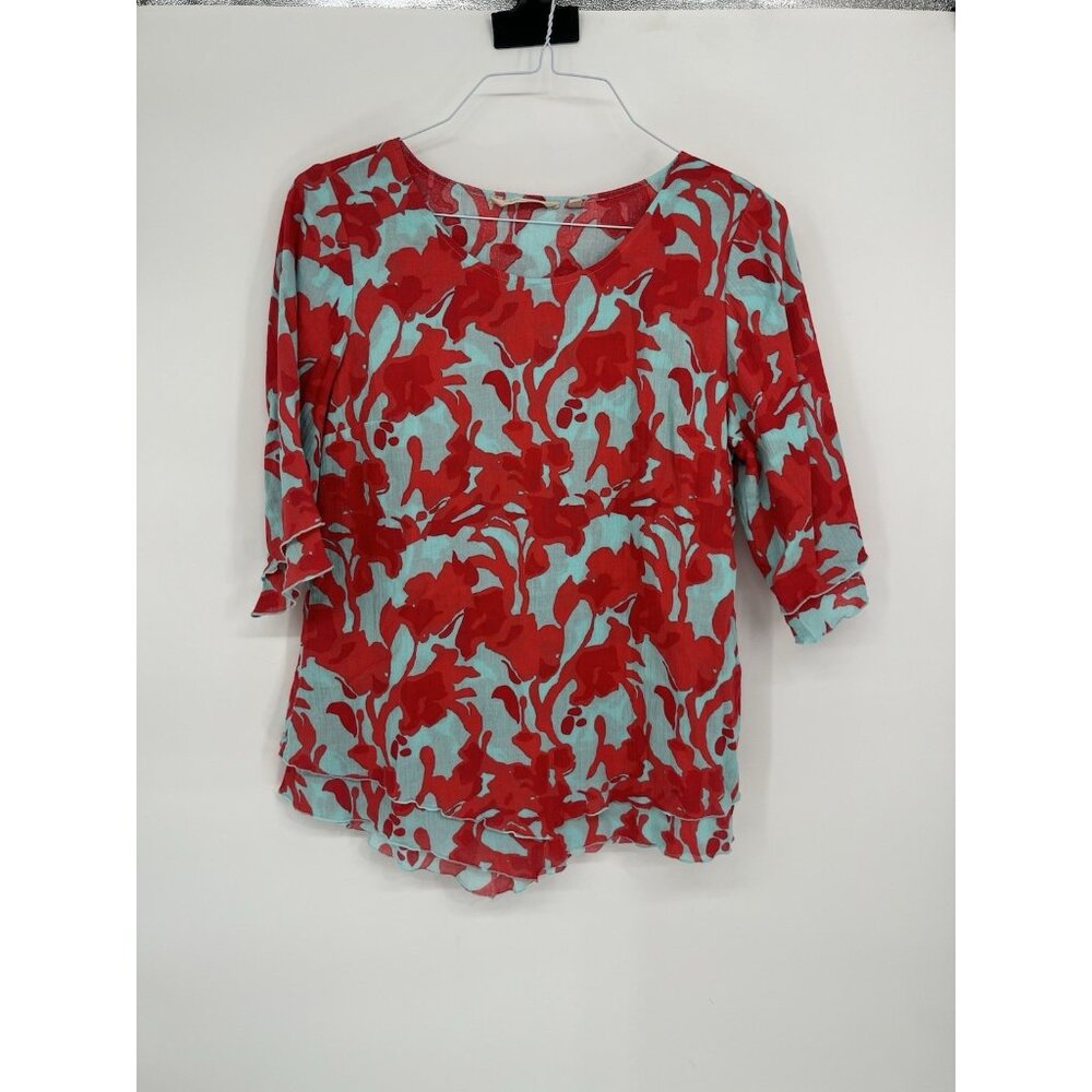 Soft Surroundings Siesta Key Tunic Top Size S Blue Red Floral 3/4 Sleeve Layered